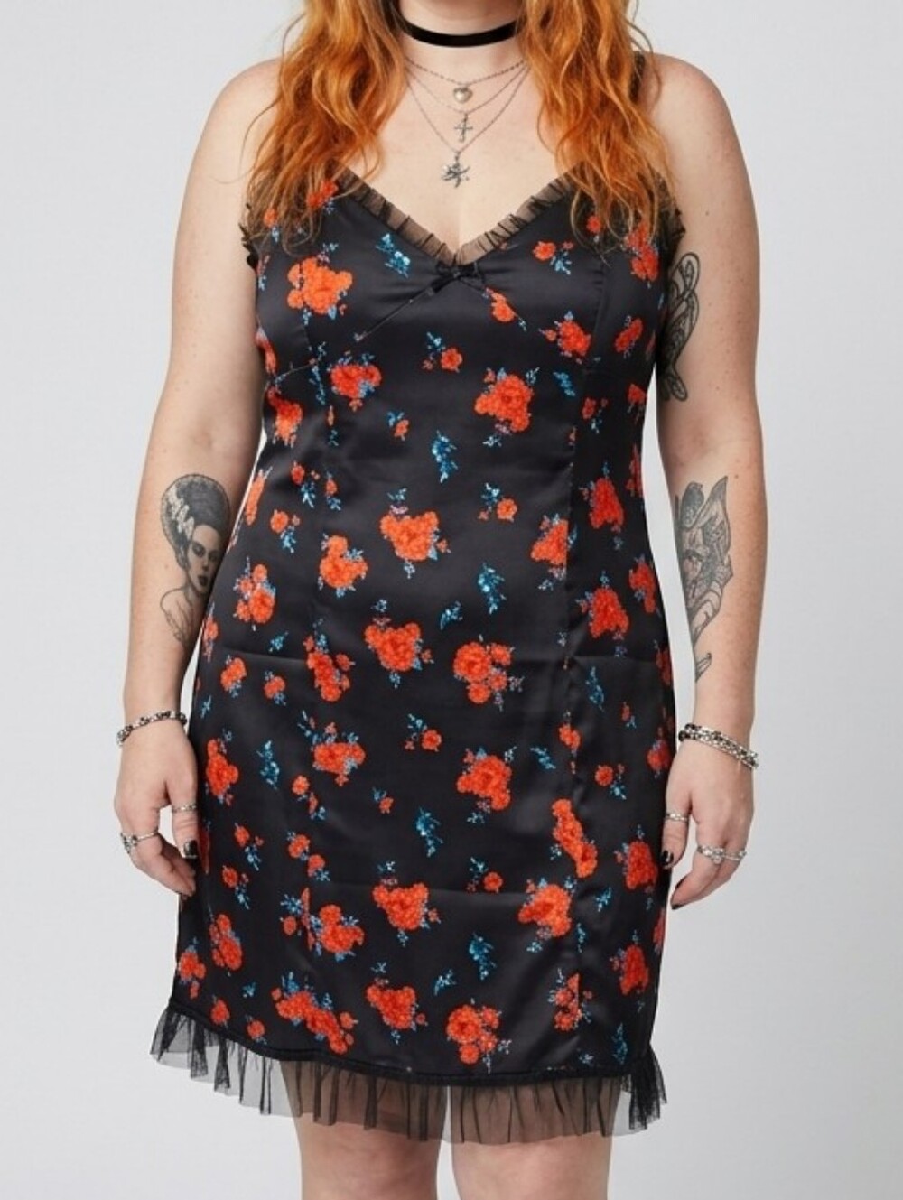 Sexy & Flirty, Floral Black and Red Women's Slip Dress, Size Large